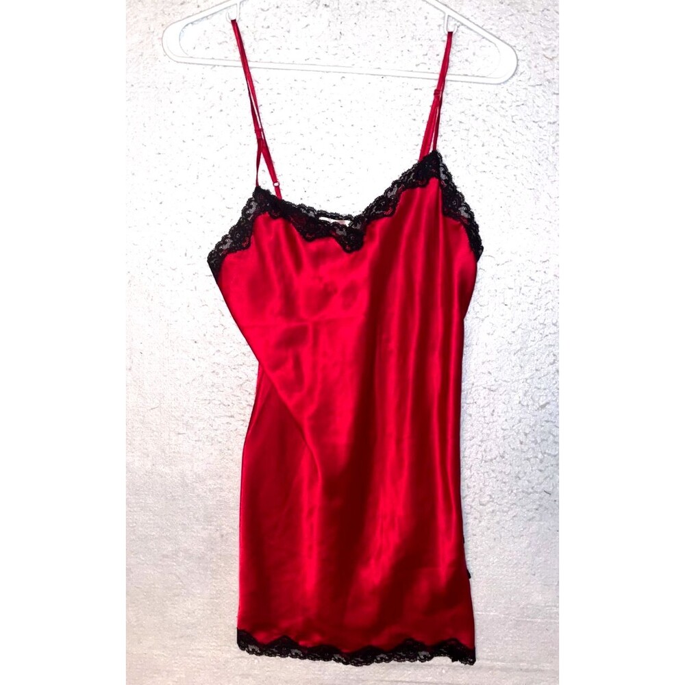 Victoria Secret Angels Satin Slip Dress Lace Slit Sexy Lingerie Red Black VTG S